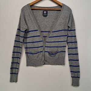 American Eagle Small Wool Blend Cardigan Sweater Gray Blue Striped V-Neck